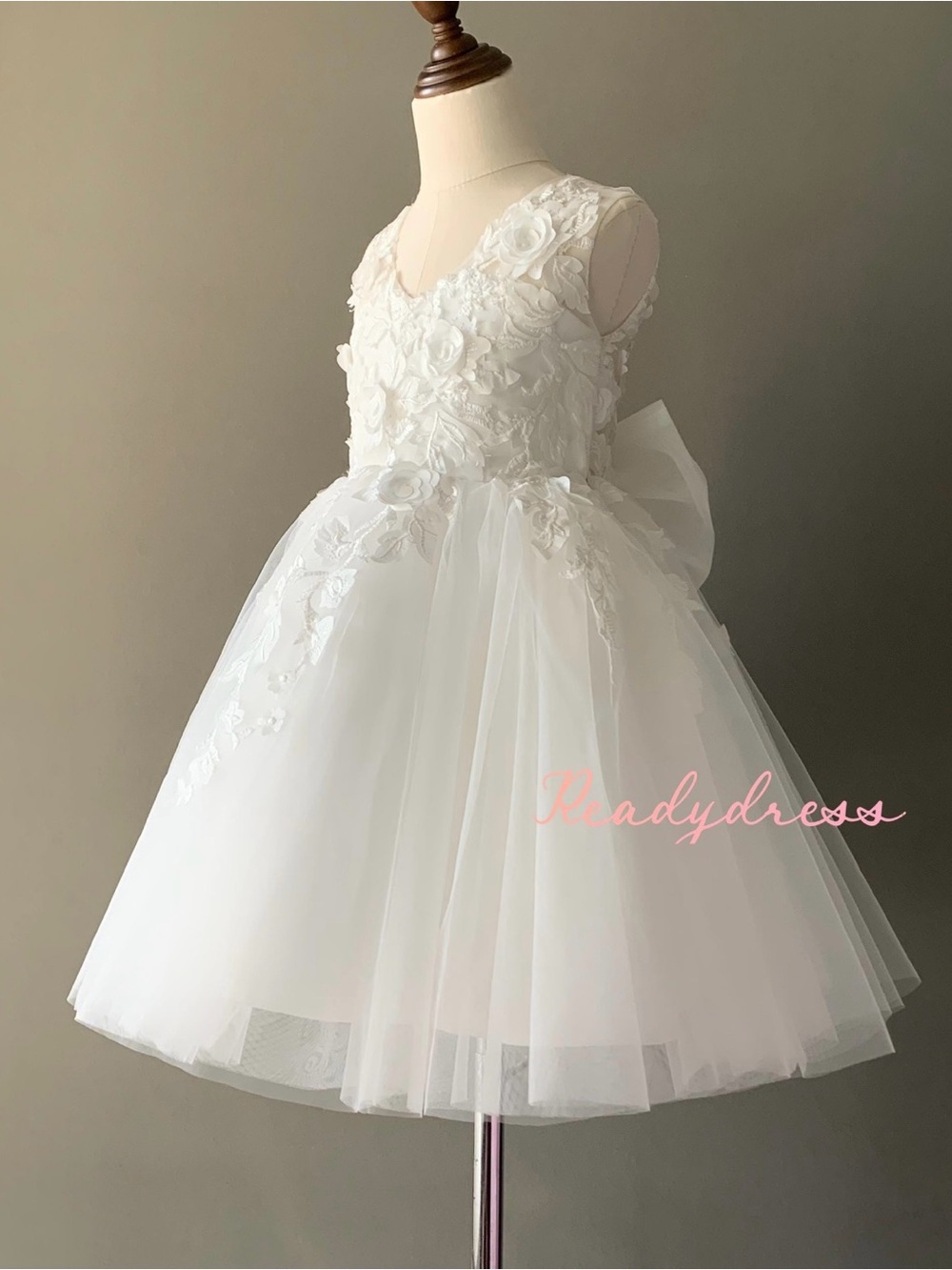 Handmade White Floral Tulle Flower Girl Dress - 12 months